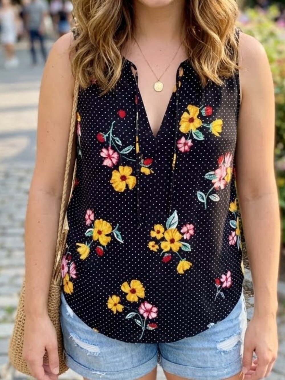 Old Navy Women's Sleeveless Top Tie-Neck Black Floral Polka Dot Summer Size XS